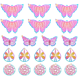 NBEADS 32 Pcs Stainless Steel Butterfly Filigree Pendants, 4 Styles Butterfly Hollow Filigree Charms Rainbow Etched Metal Embellishments for DIY Earring Necklace Jewelry Making