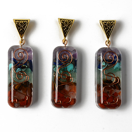 Honeyhandy Rectangle Epoxy Resin Big Pendants, with Natural Amethyst & Lapis Lazuli & Sodalite & Green Aventurine & Tiger Eye & Carnelian & Red Jasper Chips inside, and Iron Wire, Alloy Bails, 45~47x16.5~19x10.5~11.5mm, Hole: 4.5x9mm