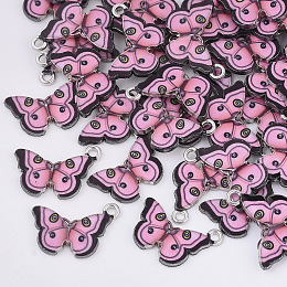 Honeyhandy Printed Alloy Pendants, with Enamel, Butterfly, Platinum, Pink, 13.5x20x2mm, Hole: 1.6mm