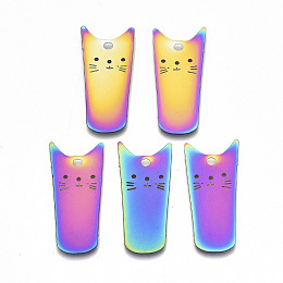 Honeyhandy Ion Plating(IP) 201 Stainless Steel Pendants, Etched Metal Embellishments, Cat Shape, Rainbow Color, 31x14.5x0.3mm, Hole: 1.8mm