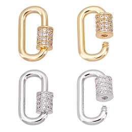 SUPERFINDINGS 4Pcs 2 Color Brass Micro Pave Clear Cubic Zirconia Screw Carabiner Lock Charms, for Necklaces Making, Long-Lasting Plated, Oval, Mixed Color, 17.1x10.5x2mm, 2pcs/color