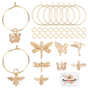 Beebeecraft DIY Animal Wine Glass Charm Making Kit, Including Butterfly & Dragonfly & Bee & Bird Cubic Zirconia Pendants & Brass Hoop Earring Findings , Real 18K Gold Plated, 34Pcs/box