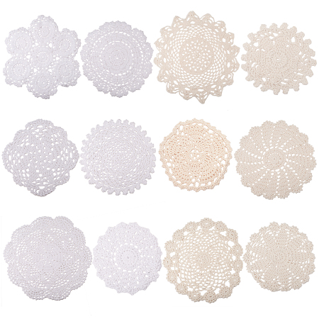 Gorgecraft Woven Crochet Coasters Table Mats, for Table Toppers Home Decoration, Floral Pattern, Old Lace, 115~255x2~3mm, 12pcs/set