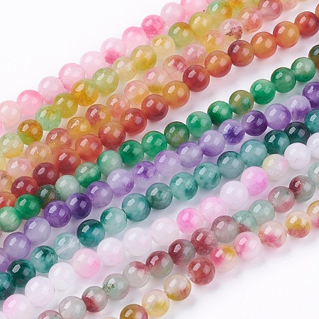Arricraft Two Tone Natural Jade Bead Strands, Dyed, Round, Mixed Color, 6mm, Hole: 1mm, about 62pcs/strand, 15.7 inches