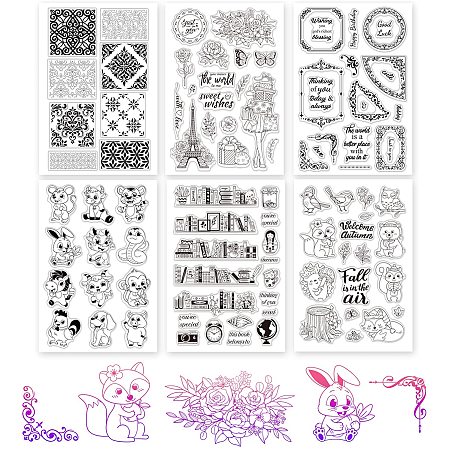GLOBLELAND 6 Sheets TPR Clear Stamps with Acrylic Board Transparent Stamp for Card Making DIY Scrapbooking Paper Craft(Vintage Flower Greeting Zodiac Bookshelf Animal Oriental Style)