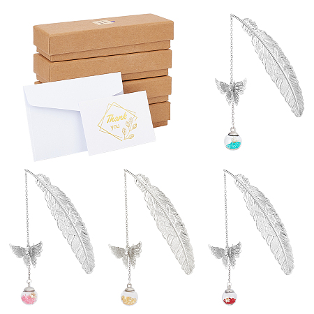 GLOBLELAND Brass Feather Bookmarks, Butterfly Pendant Page Marker, for Women's Birthday & Teacher Appreciation, with Thank You Paper Greeting Card, Envelopes, Gift Boxes, Mixed Color, Bookmark: 240mm