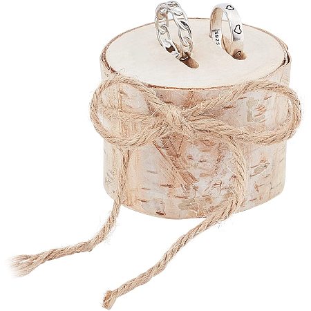 PandaHall Elite Wedding Ring Box Double Round Ring Holder Wooden Ring Bearer Box with Birch Ribbon Jute Twine Together Boxes for Rustic Vitage Beach Theme Wedding