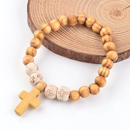 Honeyhandy Cross Wood Beaded Stretch Charm Bracelets, BurlyWood, 55mm