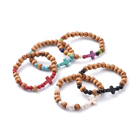 Honeyhandy Stretch Bracelets, with Wood Beads and Synthetic Turquoise(Dyed) Beads, Cross, Mixed Color, 2-1/8 inch(5.5cm)