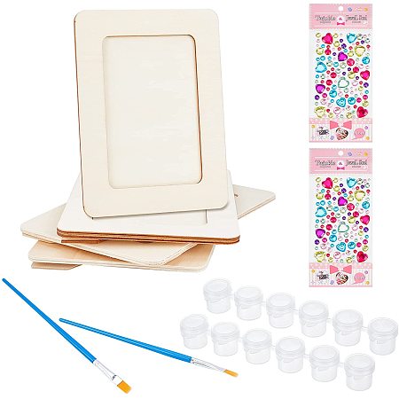 BENECREAT Picture Frame Painting Craft Kit 2PCS Wooden Photo Frame with 3PCS Brush Pens, 1PC Paint Pots Strip and 1PC Rhinestone Sticker for Painting, Photo Frame Decoration