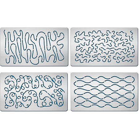 BENECREAT 4PCS 4x7 Inch Wave Pattern Metal Stencils 4 Style Steel Stencil Template for Wood Carving, Drawings and Woodburning, Engraving and Scrapbooking Project