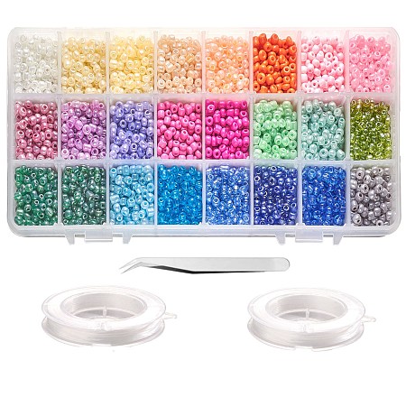 DIY Glass Seed Beads Elastic Jewelry Set Making Kits, include Flat Elastic Crystal String and Iron Tapestry Needles, Tweezers, Mixed Color, Beads: 4mm, Hole: 1.5mm, about 20g(200pcs)/color, 4800pcs/set, Crystal String: 0.8mm, 10m/roll, 2roll/set