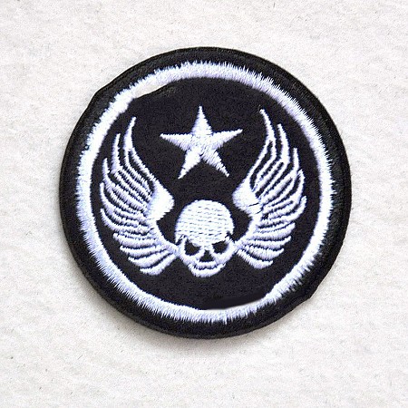 Honeyhandy Computerized Embroidery Cloth Iron on/Sew on Patches, Costume Accessories, Appliques, Flat Round with Skull & Wings & Star, Black, 55mm