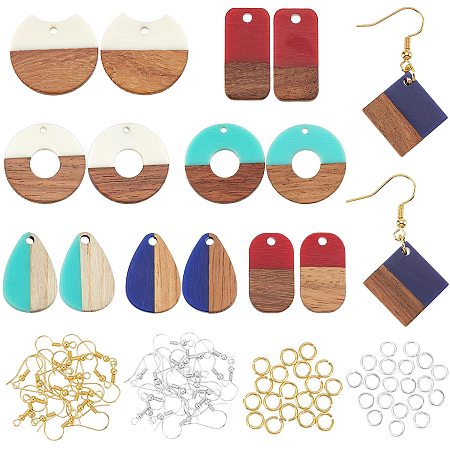 OLYCRAFT 96pcs Resin Wooden Earring Pendants Resin Walnut Wood Earring Findings Vintage Resin Wood Statement Earring Findings with Hooks and Jump Rings for Necklace and Earring Making - 8 Styles