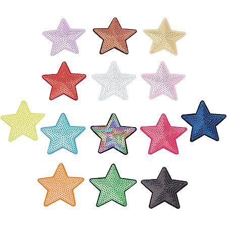 Pandahall Elite 28pcs 14 Colors Sequins Star Shaped Patch Applique Sew-on Badge Embroidered Patch Clothing Bag Backpacks Jeans DIY Accessory
