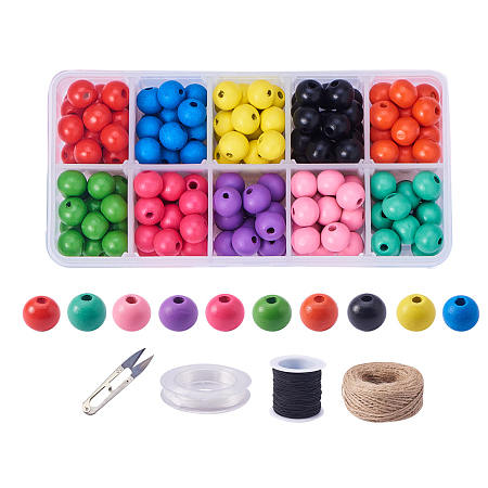 PandaHall Elite 1 Box Dyed Round Wood Beads Wooden Loose Spacer Beads 10 Colors with Elastic Cord, Jute Cord, Scissors for Jewelry Making DIY Handmade Craft