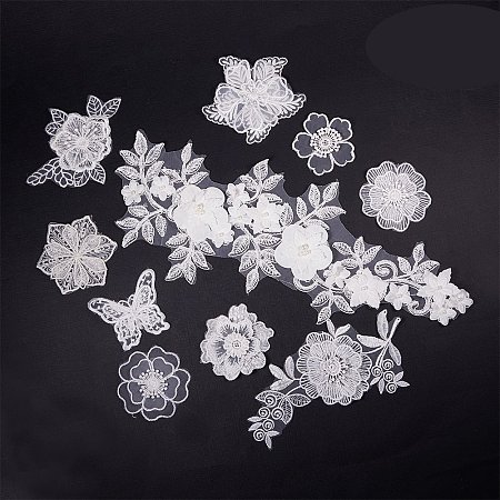 NBEADS 10 Pcs White Mix Style Embroidery Lace Flower Iron On Patches Appliques DIY Sewing Craft for Decoration, Sew On Patches for Repairing and Decorating Clothing, Bags