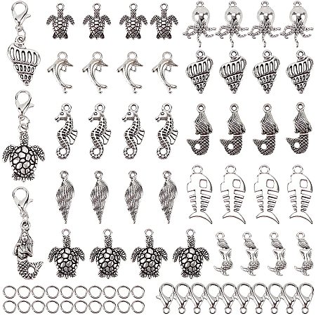 SUNNYCLUE 1 Box 40Pcs 10 Styles Sea Theme Animal Charms Sea Turtle Spiral Shell Mermaid Seahorse Octopus Pendant Charms for Earring Necklace Bracelet Jewelry Making Supplies