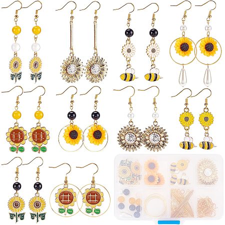 SUNNYCLUE 1 Box 10 Pairs DIY Sunflower Charms Bee Charm Flower Earring Making Kit Daisy Flower Charms Glass Beads Findings for Jewelry Making Starter Kit Women Beginners Earrings Supplies Craft