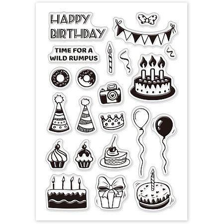 GLOBLELAND Happy Birthday Clear Stamps Banner Birthday Hat Cake Balloon Silicone Transparent Stamps for Card Making Decoration and DIY Scrapbooking