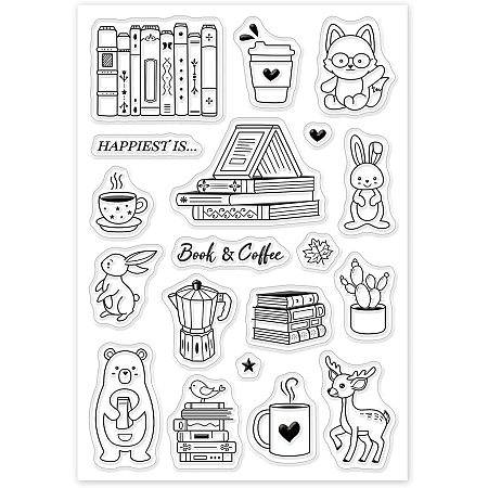 GLOBLELAND Animals and Books Silicone Clear Stamps with Coffee Cups Shape for Card Making DIY Scrapbooking Photo Album Decoration Paper Craft,6.3x4.3 Inches