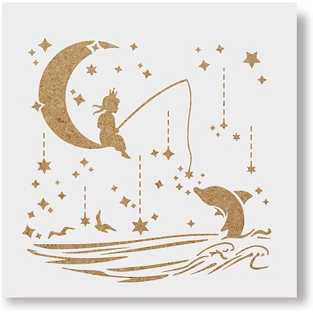 BENECREAT 12x12 Inches Crescent Moon Star Painting Template Stencil Ocean Fish Stencil for Art Painting Scrabooking Cardmaking and Christmas DIY Wall Decoration