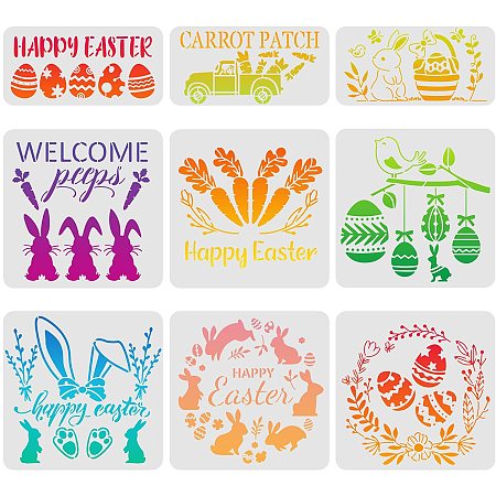 FINGERINSPIRE 9 Pcs Easter Stencils Happy Easter Drawing Painting Templates Sets Plastic Egg Rabbit Birds Stencils Easter Template Sets for Painting on Wood, Floor, Wall and Tile