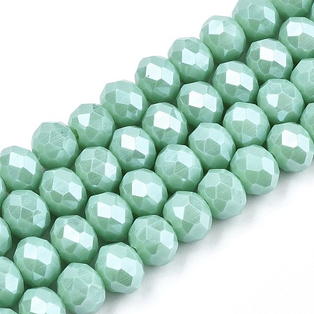 Electroplate Glass Beads Strands, Pearl Luster Plated, Faceted, Rondelle, Medium Aquamarine, 6x5mm, Hole: 1mm; about 92~94pcs/strand, 17~17.5 inches(42.5~43.75cm)
