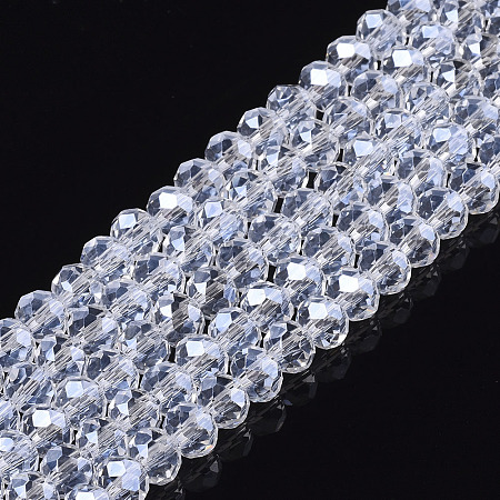 Honeyhandy Electroplate Glass Beads Strands, Pearl Luster Plated, Faceted, Rondelle, Clear, 4x3mm, Hole: 0.4mm, about 123~127pcs/strand, 16.5~16.9 inch(42~43cm)