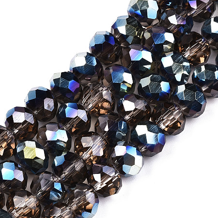 Honeyhandy Electroplate Transparent Glass Beads Strands, Half Multi-color Plated, Faceted, Rondelle, Tan, 8x6mm, Hole: 1mm, about 72pcs/strand, 16.14 inch(41cm)