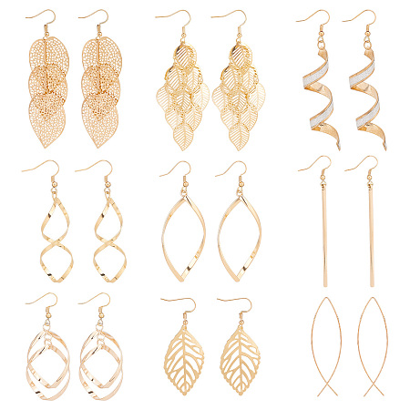 ANATTASOUL 9 Pairs 9 Style Alloy Long Dangle Earrings, Cluster Earrings, Leaf & Jesus Fish & Oval & Infinity, Golden, 60~88x15.5~26mm, 1 Pair/style