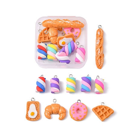 20Pcs Resin & Handmade Polymer Clay  Pendants, with Platinum Tone Iron Loops, Imitation Food, Waffle & Croissant & Bread with Fried Egg & Baguette & Donut & Marshmallow, Mixed Color, 17~49x9~21.5x4.2~10mm, Hole: 2~3mm