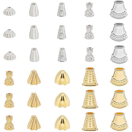 PandaHall Elite 100pcs 10 Styles Tibetan Cone Bead Caps Metal Alloy Jewelry Terminators Tassel End Caps for Earring Necklace Jewelry and Craft Making, Golden and Silver