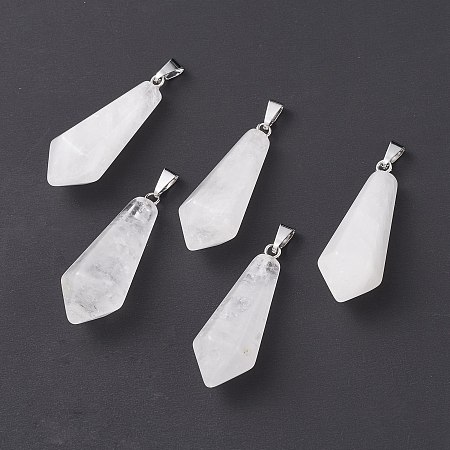 Honeyhandy Natural Quartz Crystal Pointed Pendants, with Platinum Plated Brass Loops, Bullet, 35.3~38x13~14mm, Hole: 6.5x2.8mm