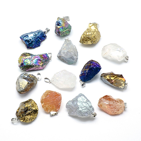 Honeyhandy Electroplated Natural Quartz Crystal Pendants, with Iron Findings, Nuggets, 30~40x20~27x16~20mm, Hole: 6x3mm