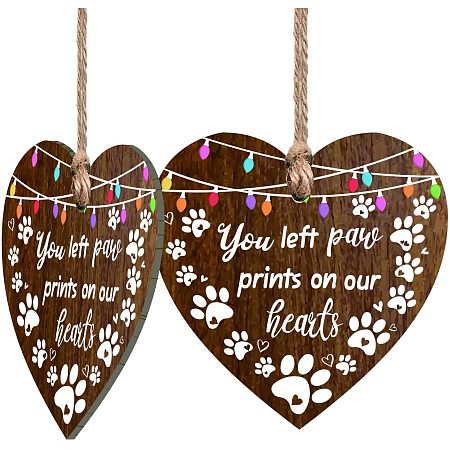 CRASPIRE Wood Pet Sign Dog Memorial Ornament Gifts You Left Paw Prints On Our Hearts, 2pcs Heart Shaped Wood Sign + Jute Twine, Pet Loss Gifts for Dogs Cat Animals Sympathy Keepsake
