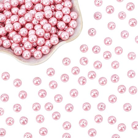 PandaHall Elite 200pcs 8mm Pink Glass Pearl Beads Satin Luster Craft Pearl Bead Eco-Friendly Dyed Round Loose Spacer Beads for Valentine Wedding Earring Bracelet Necklace Jewelry Making, 0.7~1.1mm Hole