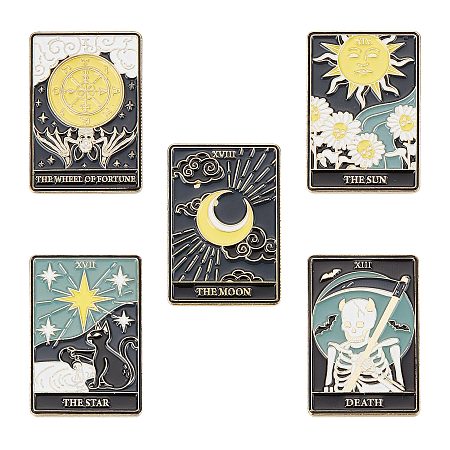SUNNYCLUE 5Pcs 5 Style Fashion Tarot Card Enamel Pins, Golden Alloy Sun & Star & Moon & Skull Brooches for Backpack Clothes, Mixed Color, 30.5x21x10mm, Pin: 1mm, 1Pc/style