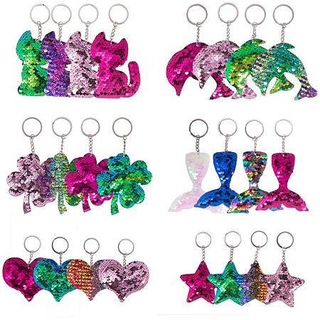 PandaHall Elite 24 pcs 6 Shapes Colorful Flip Sequin Plush, Heart/Fish Tail/Dolphin/Cat/Clover/Star Key Chain Sequins Keychains Decorations for Bags Purses Backpacks Wallets, 4 Colors/Shape