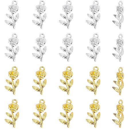 Arricraft 20 Pcs Rose Charms Pendants, Flower Beads Pendants Romantic Charms for Valentine's Day DIY Bracelet Necklace Jewelry Making(Platinum & Golden)