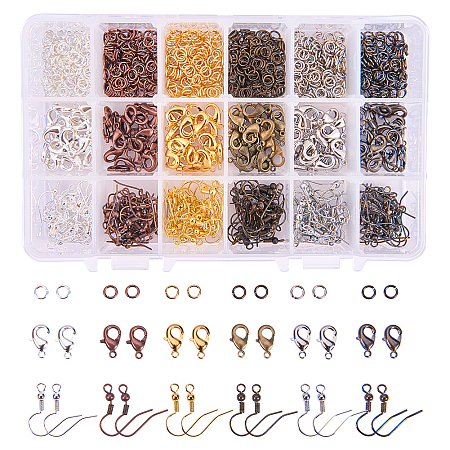 PandaHall Elite 1 Box About 930 Pcs Jewelry Finding Kit with Brass Jump Rings Lobster Claw Clasps and Earring Hooks 6 Colors for Jewelry Making