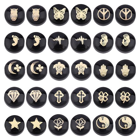 Arricraft 30Pcs 15 Style Handmade Lampwork Beads, with Golden Plated Brass Etched Metal Embellishments, Flat Round with Mixed Pattern, Black, 8x5~6mm, Hole: 0.8mm, 2pcs/style