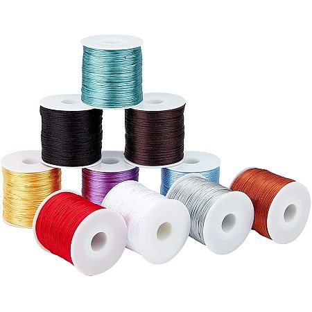 PandaHall Elite 10 Colors 850 Yards Rattail Satin Silk Trim Cord, 1mm Satin Nylon Trim Cord Kumihimo Rattail Thread String for Friendship Bracelet, Chinese Knot, Macramé, Trim, Jewelry Making