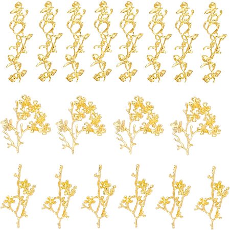 BENECREAT 24Pcs 3 Style 18K Gold Plated Tree Branch Multi Holes Charms with Rhinestone, Branch with Flower Pendant for Handmade Jewelry Making Accessory Crafts