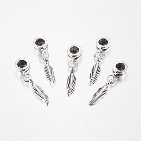 Honeyhandy Alloy European Dangle Charms, Feather, Antique Silver, 31mm, Hole: 5mm
