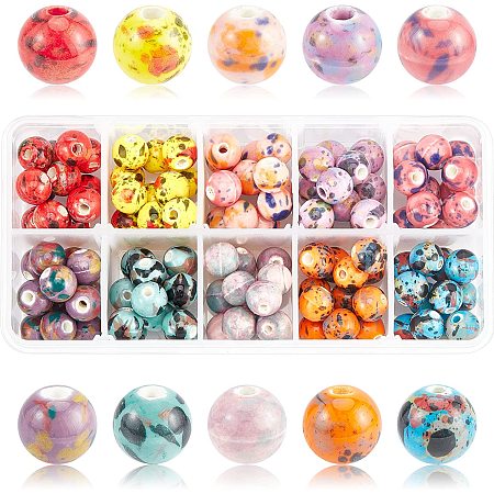 PandaHall Elite 10 Color Porcelain Beads, 120pcs Chinese Style Beads Colorful Loose Beads 10mm Round Ceramic Beads Handmade Printed Beads Spacer Beads for Jewelry Bracelet Making