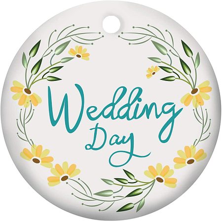 SUPERFINDINGS 1PC Happy Wedding Day Ornament Wedding Hanging Ornament Porcelain Pendants for Home Indoor Outdoor Decor, Double-Sided Printed, Flat Round, Pale Goldenrod, 3inch