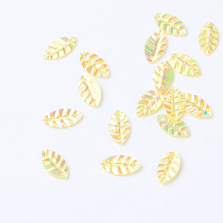 Plastic Paillette Links, Sequins Beads, Leaf, Champagne Yellow, 8.5x4.5x0.5mm, Hole: 1mm; about 30000pcs/500g