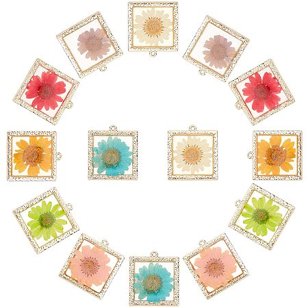SUPERFINDINGS 14pcs 7 Colors Epoxy Resin Pendants 34mm Square Transparent Resin Charms with Dried Flower Inside and Light Gold Plated Alloy Open Back Bezel for DIY Jewelry Making