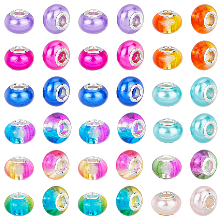 Nbeads 80Pcs 10 Colors Transparent Two Tone & Imitation Pearl Style Resin European Beads, Large Hole Beads, with Silver Tone Brass Double Cores, Rondelle, Mixed Color, 8pcs/color